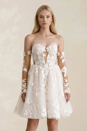 Off - the - Shoulder Flower Appliqued Tulle A - Line Mini Wedding Dress - SHE IS ME Wedding Dresses