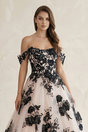 Off - the - Shoulder Flower Appliqued Tulle Wedding Dress in Black and Nude - SHE IS ME Wedding Dresses