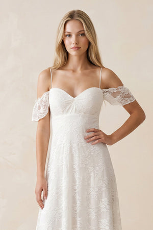 Off - the - Shoulder Lace A - Line Appliqued Wedding Dress in White - SHE IS ME Wedding Dresses
