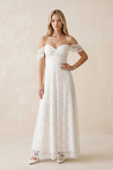 Off - the - Shoulder Lace A - Line Appliqued Wedding Dress in White - SHE IS ME Wedding Dresses