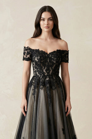 Off - the - Shoulder Lace A - Line Tulle Wedding Dress in Black - SHE IS ME Wedding Dresses