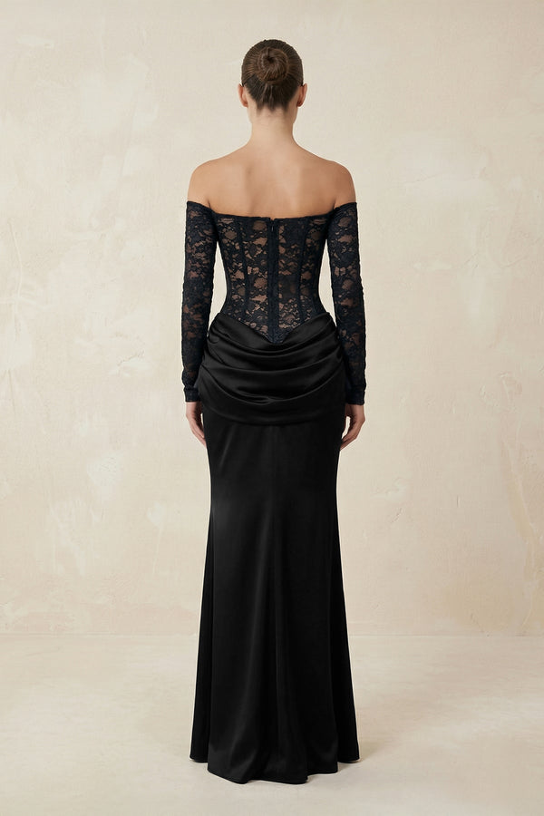 Off - the - Shoulder Lace Ruched Sheath Wedding Dress With Sleeves in Black - SHE IS ME Wedding Dresses