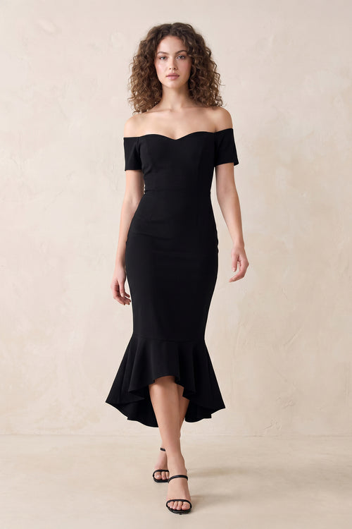 Off-the-Shoulder Mermaid Midi Dress in Black – SHE IS ME Dresses