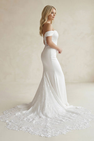 Off - the - Shoulder Mermaid Satin Lace Wedding Dress in White - SHE IS ME Wedding Dresses