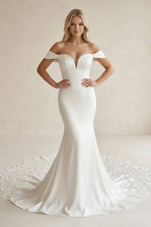 Off - the - Shoulder Mermaid Satin Lace Wedding Dress in White - SHE IS ME Wedding Dresses