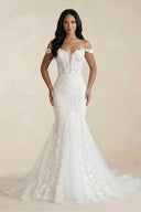 Off - the - Shoulder Mermaid Tulle Appliqued Wedding Dress in White - SHE IS ME Wedding Dresses