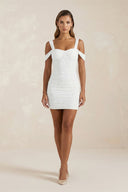 Off - the - Shoulder Pearl Sheath Mini Wedding Dress in White - SHE IS ME Wedding Dresses