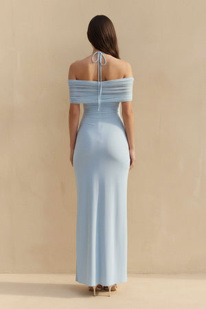 Off The Shoulder Pleated Maxi Dress in Sky Blue - SHE IS ME
