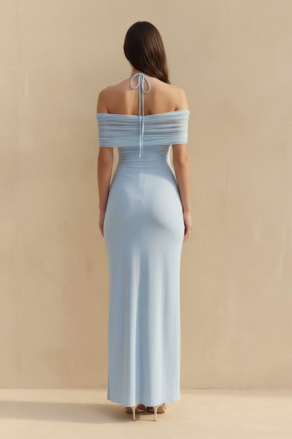 Off The Shoulder Pleated Maxi Dress in Sky Blue - SHE IS ME