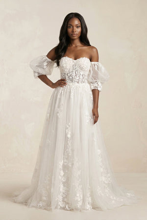 Off - the - Shoulder Puff Sleeves Appliqued Wedding Dress in White - SHE IS ME Wedding Dresses