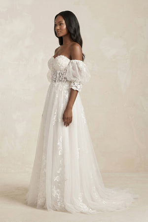 Off - the - Shoulder Puff Sleeves Appliqued Wedding Dress in White - SHE IS ME Wedding Dresses