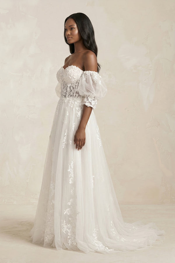 Off - the - Shoulder Puff Sleeves Appliqued Wedding Dress in White - SHE IS ME Wedding Dresses