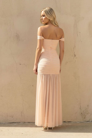 Off The Shoulder Ruched Maxi Dress in Peach - SHE IS ME PROM DRESSES