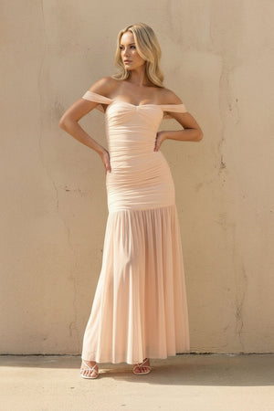 Off The Shoulder Ruched Maxi Dress in Peach - SHE IS ME PROM DRESSES
