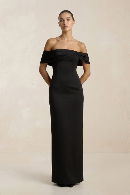 Off - the - Shoulder Ruched Sheath Satin Wedding Dress in Black - SHE IS ME Wedding Dresses