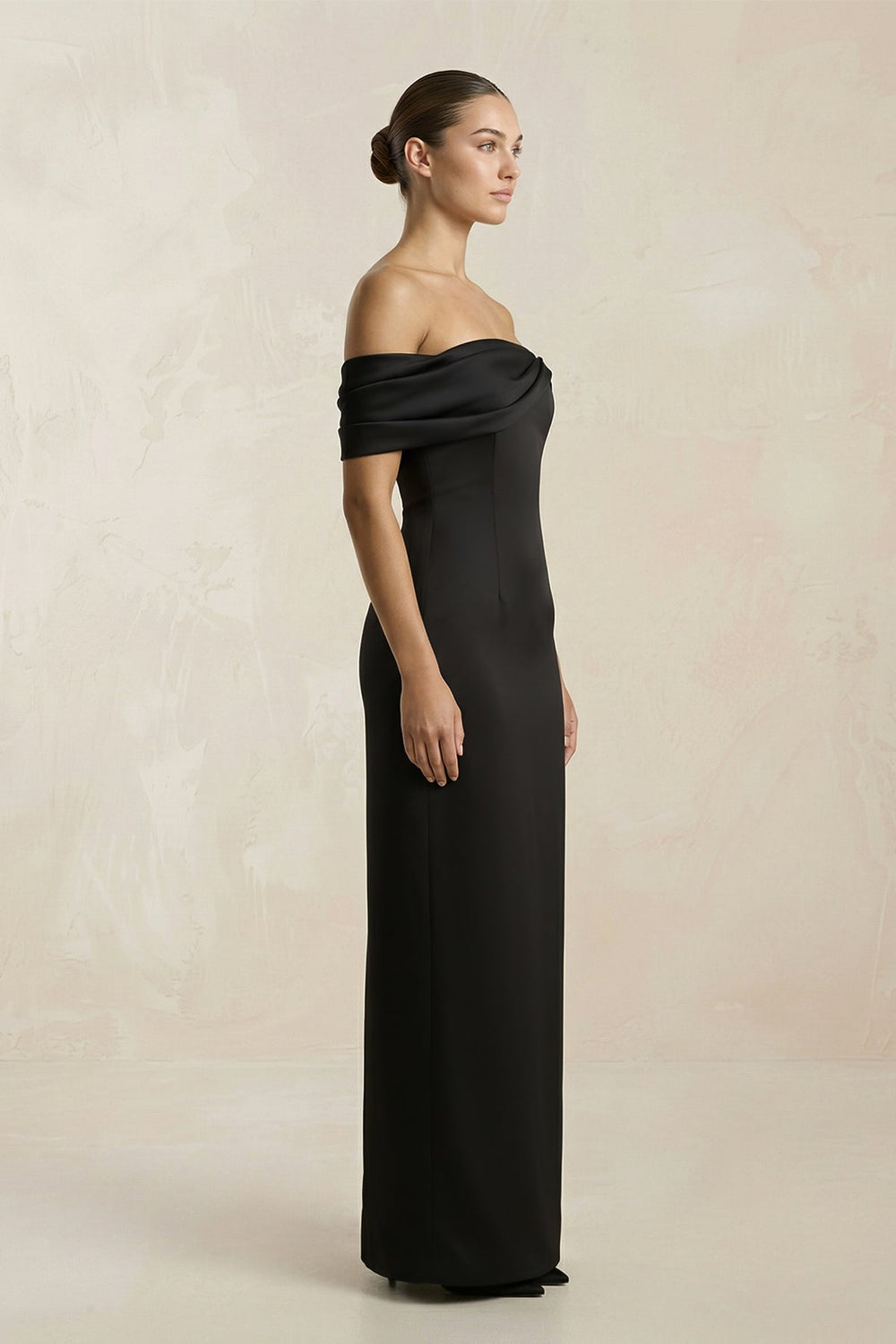 Off - the - Shoulder Ruched Sheath Satin Wedding Dress in Black - SHE IS ME Wedding Dresses