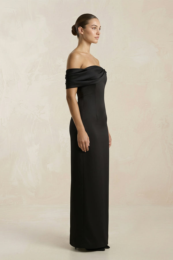 Off - the - Shoulder Ruched Sheath Satin Wedding Dress in Black - SHE IS ME Wedding Dresses