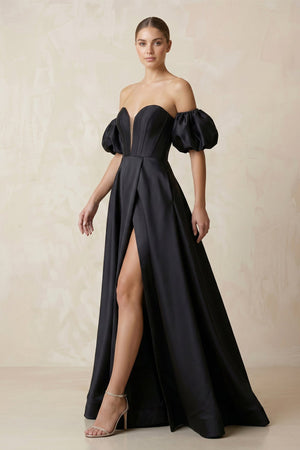 Off - the - Shoulder Satin A - Line Plunge Wedding Dress in Black - SHE IS ME Wedding Dresses