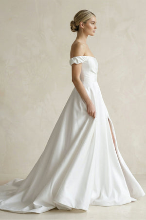Off - the - Shoulder Satin A - Line Wedding Dress in White - SHE IS ME Wedding Dresses