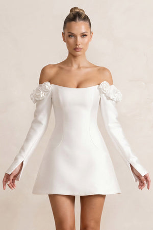 Off - the - Shoulder Satin A - Line Wedding Dress with Long Sleeeves in White - SHE IS ME Wedding Dresses