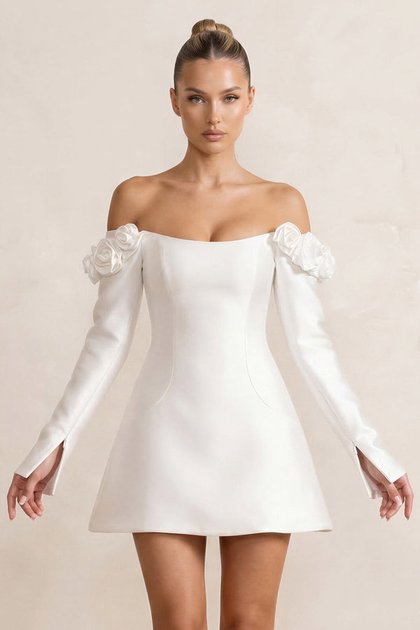 Off - the - Shoulder Satin A - Line Wedding Dress with Long Sleeeves in White - SHE IS ME Wedding Dresses