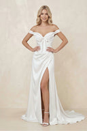 Off - the - Shoulder Satin Bow Ruched Wedding Dress with Slit in White - SHE IS ME Wedding Dresses