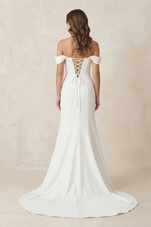 Off - the - Shoulder Satin Mermaid Corset Wedding Dress in White - SHE IS ME Wedding Dresses