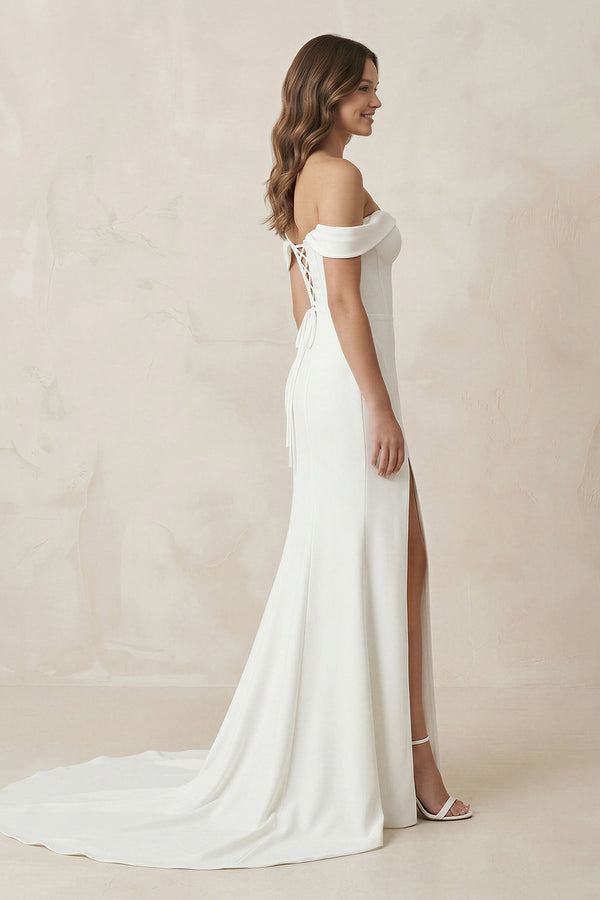 Off - the - Shoulder Satin Mermaid Corset Wedding Dress in White - SHE IS ME Wedding Dresses