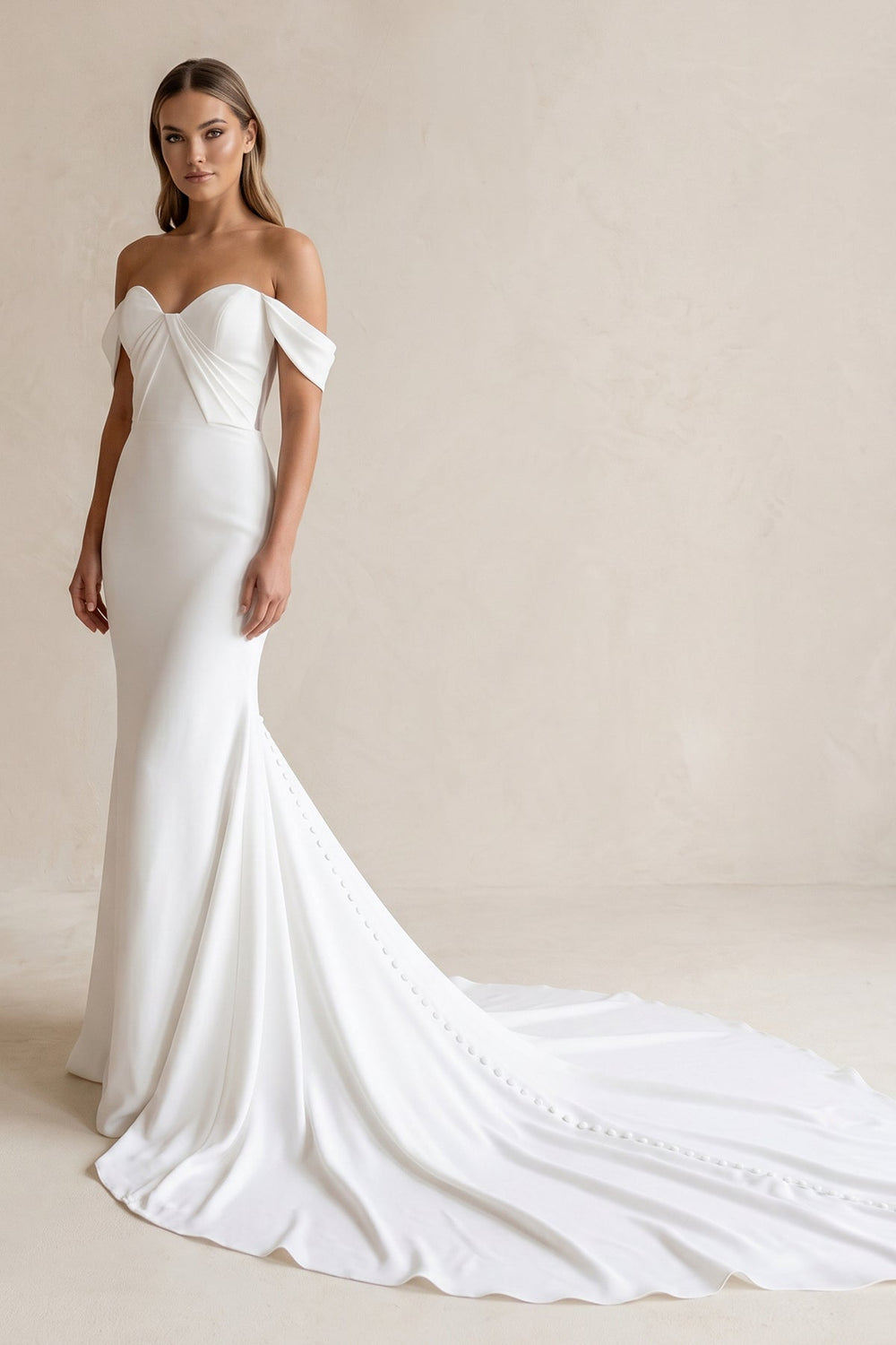 Off - the - Shoulder Satin Mermaid Wedding Dress in White - SHE IS ME Wedding Dresses