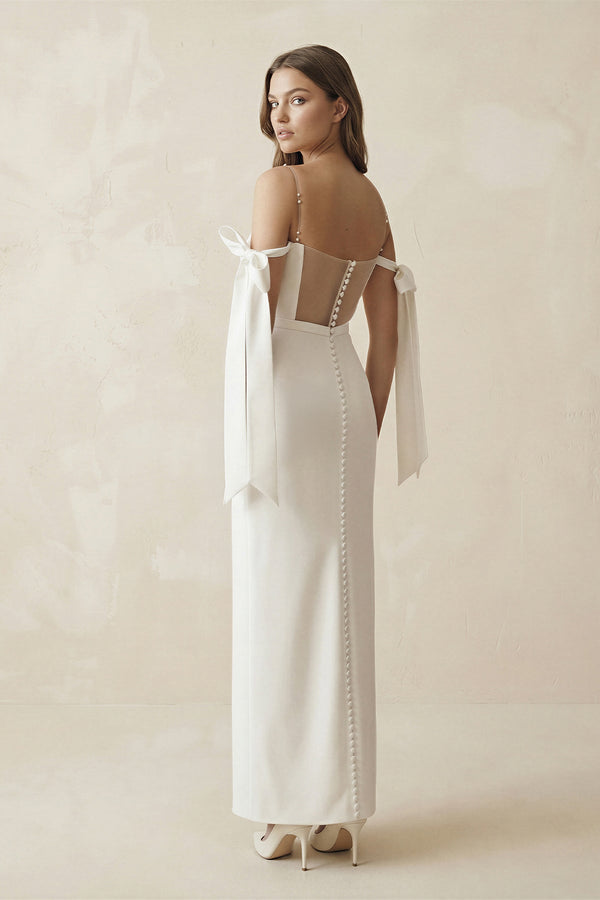 Off The Shoulder Satin Sheath Wedding Dress with Pearl in White - SHE IS ME Wedding Dresses