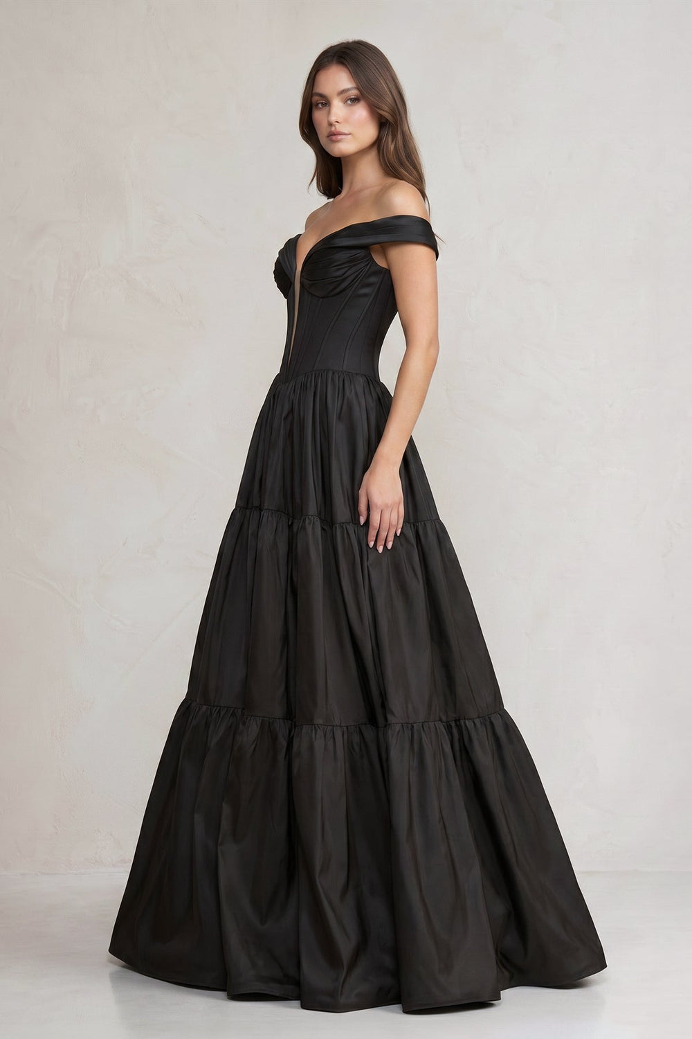 Off - the - Shoulder Satin Tiere Plunging Wedding Dress in Black - SHE IS ME Wedding Dresses
