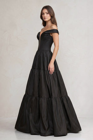 Off - the - Shoulder Satin Tiere Plunging Wedding Dress in Black - SHE IS ME Wedding Dresses