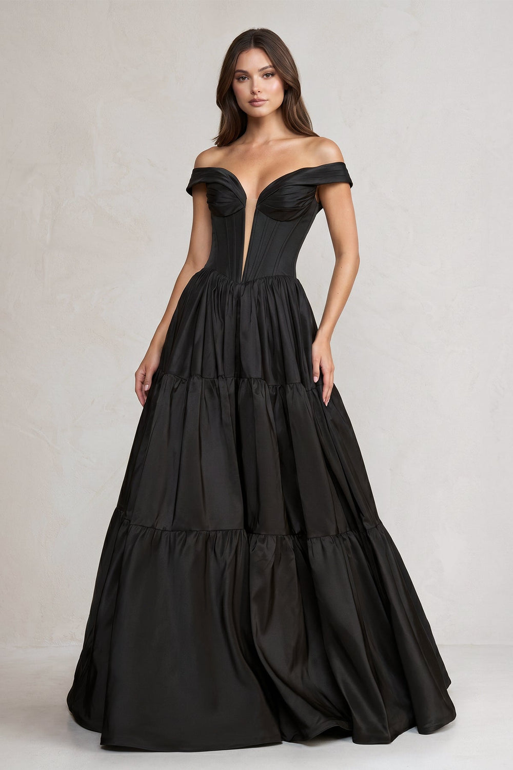 Off - the - Shoulder Satin Tiere Plunging Wedding Dress in Black - SHE IS ME Wedding Dresses