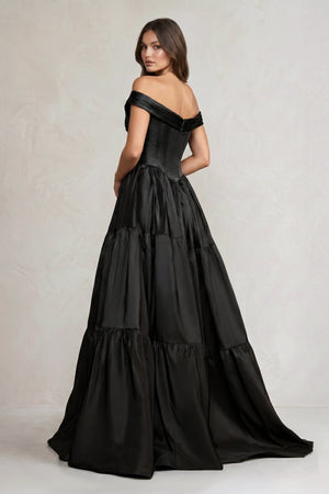 Off - the - Shoulder Satin Tiere Plunging Wedding Dress in Black - SHE IS ME Wedding Dresses