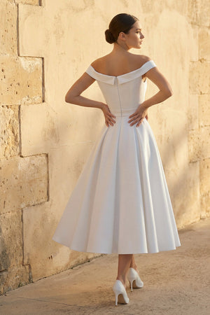 Off - The - Shoulder Sleeveless Satin Wedding Dress in White - SHE IS ME Wedding Dresses