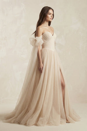 Off - the - Shoulder Tulle A - Line Wedding Dress in Champagne - SHE IS ME Wedding Dresses
