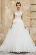 Off The Shoulder Tulle Ball Gown With Floral in White - SHE IS ME Wedding Dresses