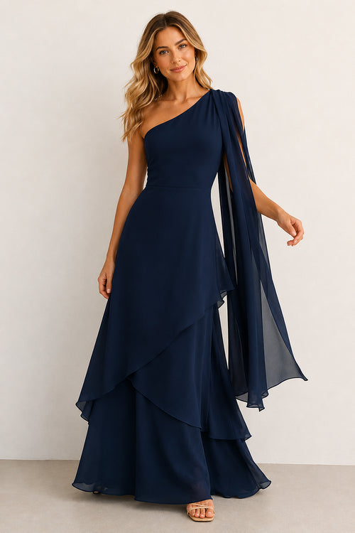 One-Shoulder A-Line Chiffon Ruffled Maxi Dress in Navy– SHE IS ME Dresses