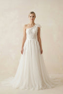 One Shoulder A Line Tulle Wedding Dress With Appliques in Ivory - SHE IS ME Wedding Dresses