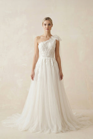 One Shoulder A Line Tulle Wedding Dress With Appliques in Ivory - SHE IS ME Wedding Dresses