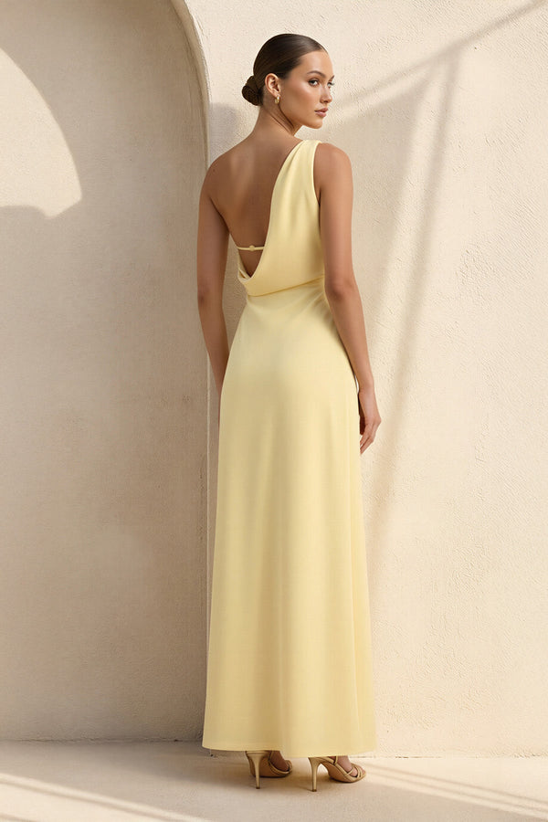 One Shoulder Midi Dress with Slit in Yellow - SHE IS ME