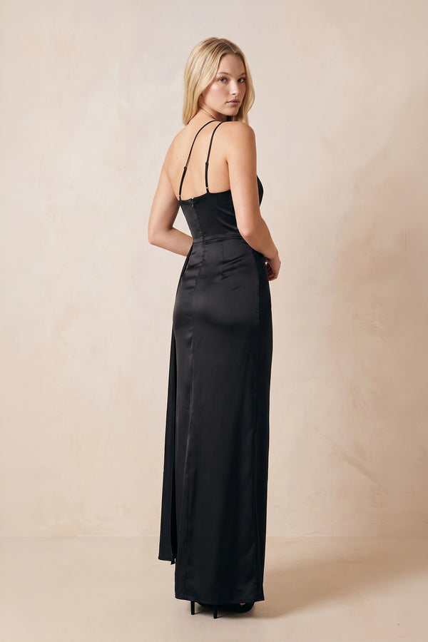 One-Shoulder Ribbon Sheath Maxi Dress with Slit in Black – SHE IS ME Dresses