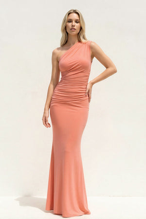 One Shoulder Ruched Sheath Maxi Dress in Coral Pink - SHE IS ME PROM DRESSES