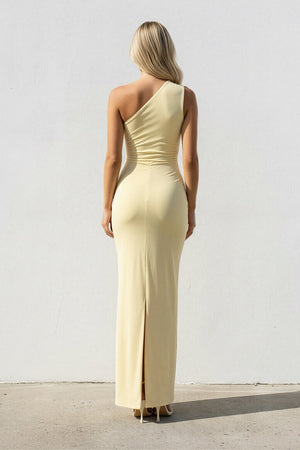 One Shoulder Ruched Sheath Maxi Dress in Yellow - SHE IS ME PROM DRESSES