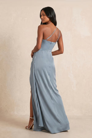 One-shoulder Satin Sheath Maxi Dress in Dusty Blue– SHE IS ME Dresses