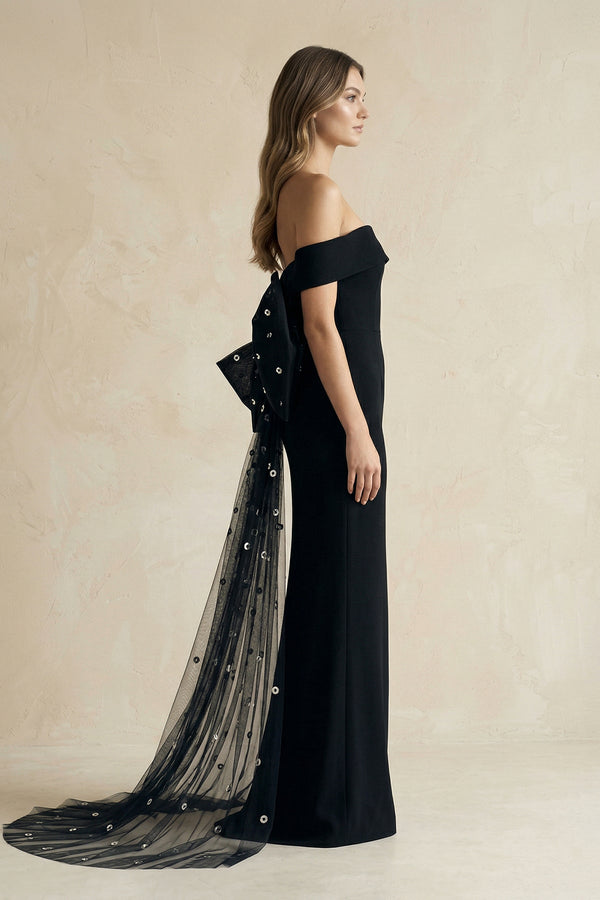 One - Shoulder Sheath Satin Wedding Dress With Back Bow in Black - SHE IS ME Wedding Dresses