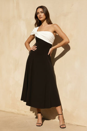 One Shoulder Twist Midi Dress in Black and White - SHE IS ME