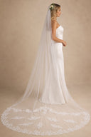 One Tier White Cathedral Veils Simple with Lace Train in White - SHE IS ME Wedding Veils