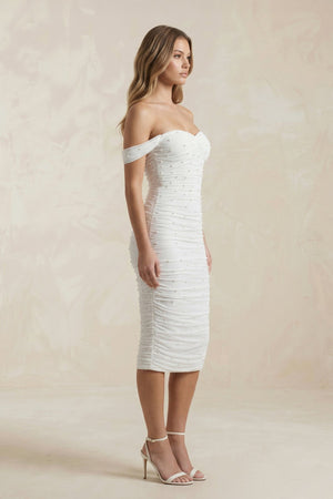 Pearl Off - the - Shoulder Sheath Ruched Midi Wedding Dress in White - SHE IS ME Wedding Dresses