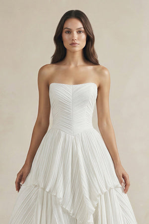 Pleated A - Line Ruffled Strapless Wedding Dress in White - SHE IS ME Wedding Dresses